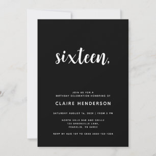 Simple Black Sweet 16th Birthday Party Invitation
