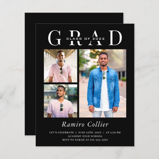 Simple Black White 3 Photo Afstuderen Celebration (Voorkant / Achterkant)
