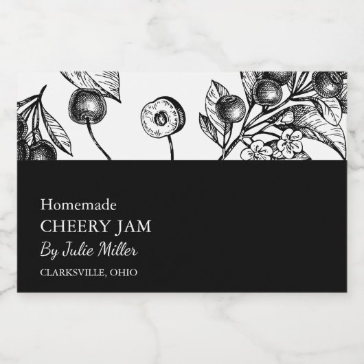 Simple Black & White Cherry Jam Label Voedselcontainer Etiket (Enkel label)