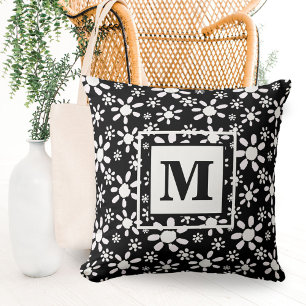 Simple Black White Daisy Flower Pattern Monogram Kussen