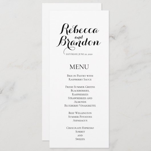 Simple Black White Elegant Script Weduwmenu Programma (Voorkant / Achterkant)