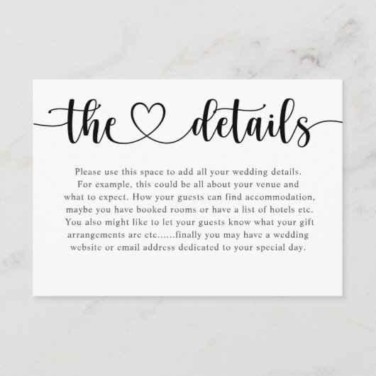 Simple Black & White Heart Wedding Details Informatiekaartje (Voorkant)