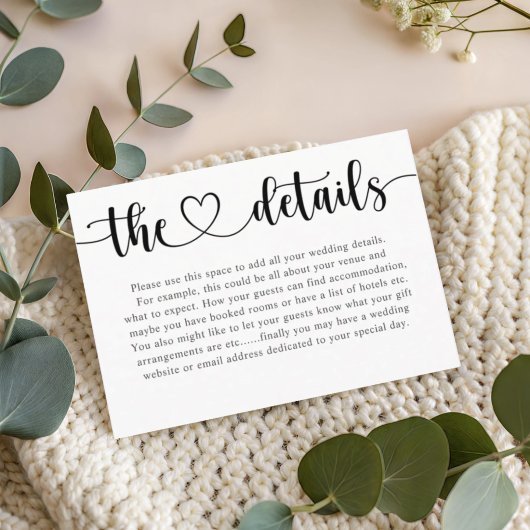 Simple Black & White Heart Wedding Details Informatiekaartje