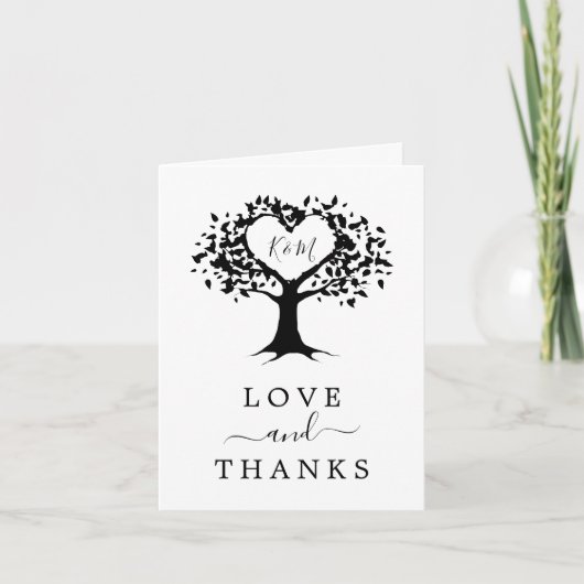 Simple Black & White Monogram Heart Tree Wedding Bedankkaart (Voorkant)