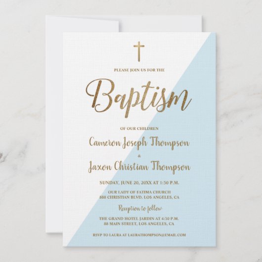 Simple Bleu Blanc Or Moderne Baptême Invitation (Devant)