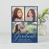 Simple Blue Afstuderen Photo Collage White Script Aankondiging (Staand voorkant)