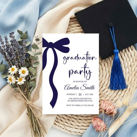 Simple Blue Bow graduation party invitation