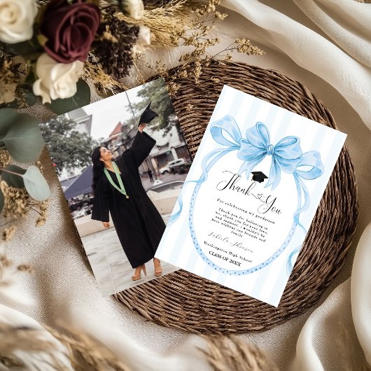 Simple Blue bow  graduation thank you message Bedankkaart
