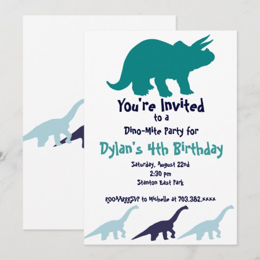 Simple Blue Dinosaur Invitations de fête d'anniver (Devant / Derrière)