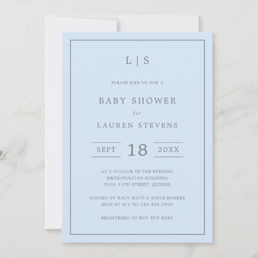Simple Blue en Grey Monogram Boy Baby shower Kaart (Voorkant)