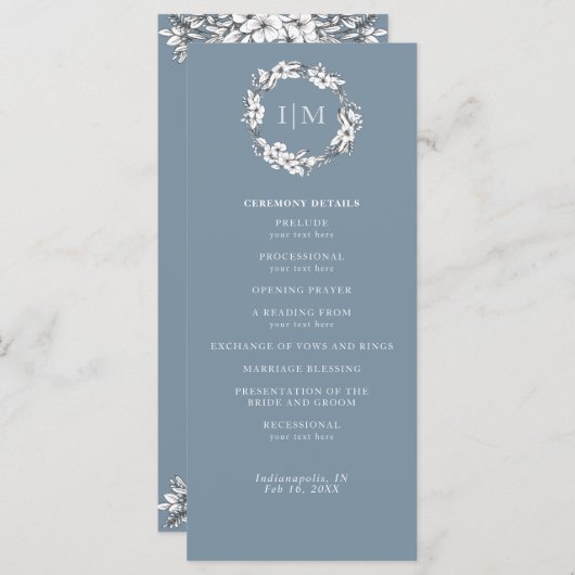 Simple Blue Floral Monogramme Programme de mariage (Devant / Derrière)