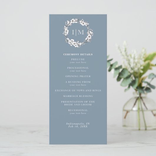 Simple Blue Floral Monogramme Programme de mariage (Debout devant)