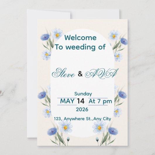 Simple Blue Floral Wedding Invitation (Devant)