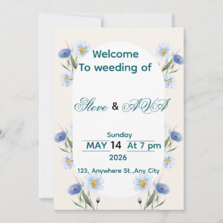 Simple Blue Floral Wedding Invitation Kaart