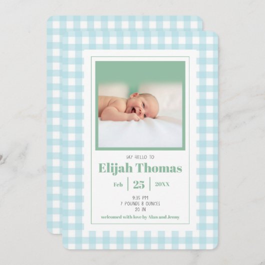 Simple Blue Gingham Photo Custom Newborn Boy Birth Aankondiging (Voorkant / Achterkant)