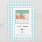 Simple Blue Gingham Photo Custom Newborn Boy Birth Aankondiging (Voorkant / Achterkant)