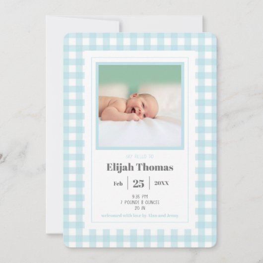 Simple Blue Gingham Photo Custom Newborn Boy Birth Aankondiging (Voorkant)
