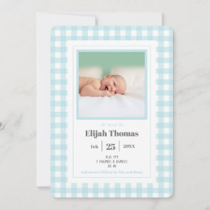 Simple Blue Gingham Photo Custom Newborn Boy Birth Aankondiging