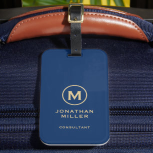 Simple Blue Golden Monogram Bagagelabel