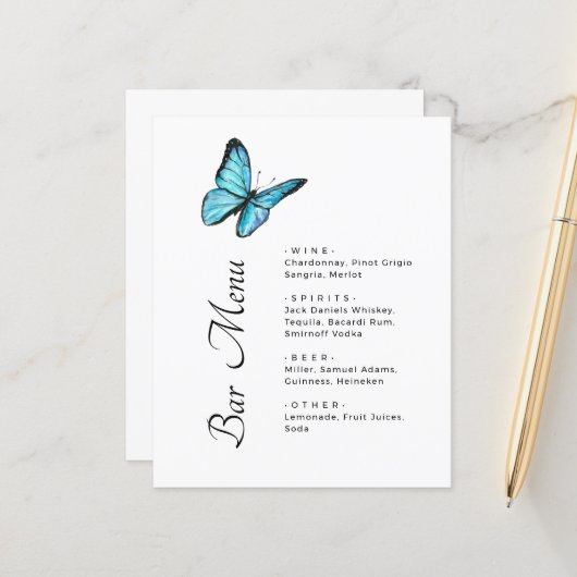 Simple Blue papillons chic mariage Bar menu (Devant/Arrière en situation)
