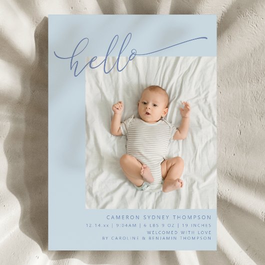 Simple Blue Script Cute Hello Baby Two Photo Birth Aankondiging