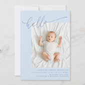 Simple Blue Script Cute Hello Baby Two Photo Birth Aankondiging (Voorkant)