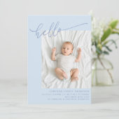 Simple Blue Script Cute Hello Baby Two Photo Birth Aankondiging (Staand voorkant)