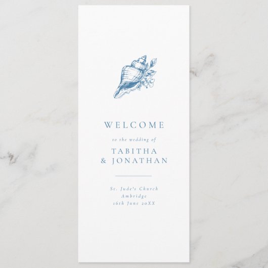 Simple Blue Vintage Seashell Wedding Programme (Devant)