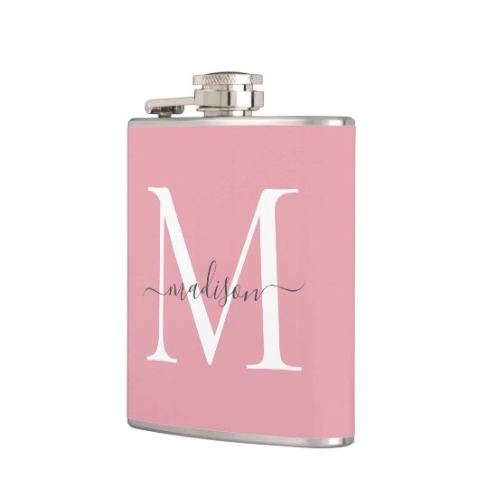 Simple Blush Pink White Grey Monogram Script Naam Heupfles (Links)