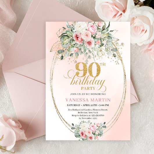 Simple Blush Roses Minimal 90th Birthday Invites Kaart