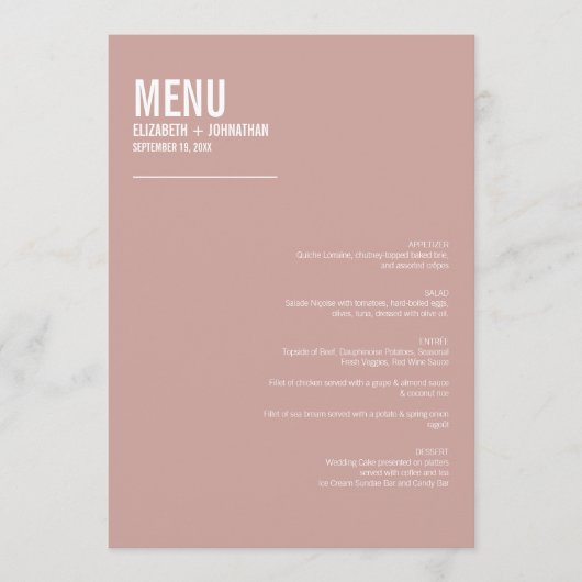 Simple Boho Dusty Roos Typography Wedding Menu (Voorkant)