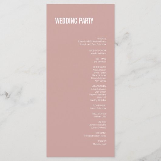 Simple Boho Dusty Roos Typography Wedding Programm Programma (Achterkant)