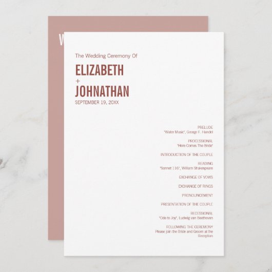 Simple Boho Dusty Roos Wedding Typografie Programma (Voorkant / Achterkant)