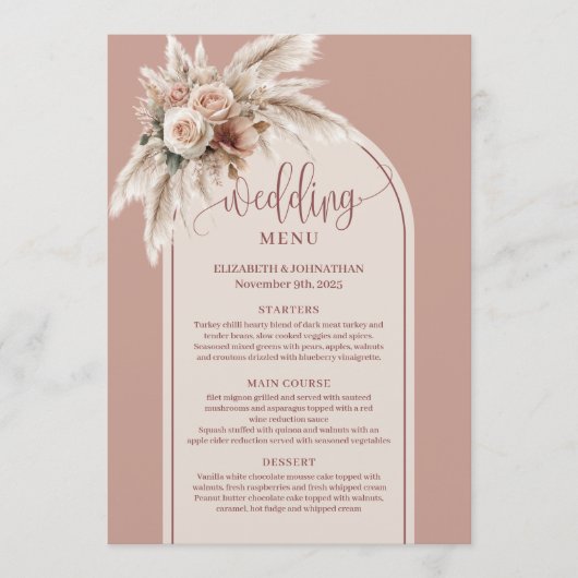 Simple Boho Dusty Rose Pampas Floral Wedding Menu (Devant)