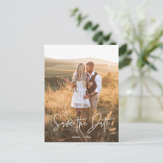 Simple Boho | Legant Script Photo Save the Date Aankondigingskaart (Staand voorkant)