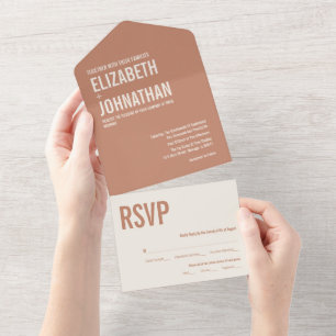 Simple Boho Terracotta Typography Wedding All In One Uitnodiging