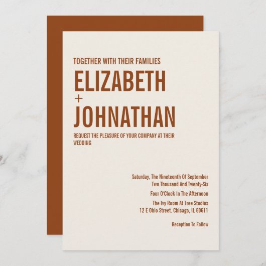 Simple Boho Terracotta Typography Wedding Invitati Kaart (Voorkant / Achterkant)