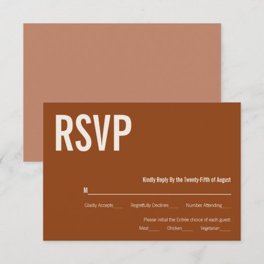 Simple Boho Terracotta Typography Wedding RSVP Kaartje (Voorkant / Achterkant)