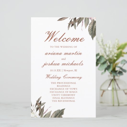 Simple Botanical Wedding Ceremony Program (Staand voorkant)