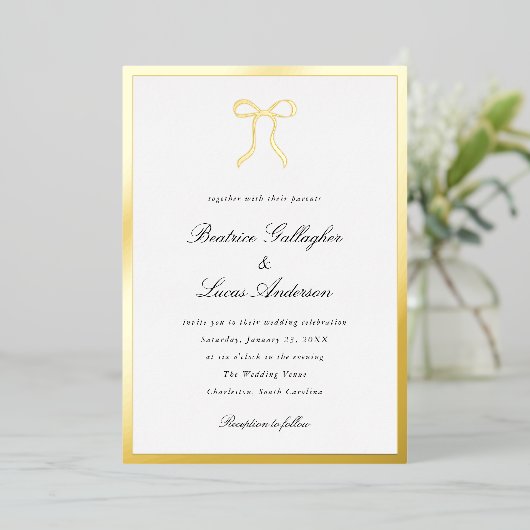 Simple Bow Classic Wedding Folie Uitnodiging (Staand Voorkant)
