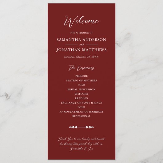 Simple Burgundy Elegant Script Wedding Ceremony Programma (Voorkant)