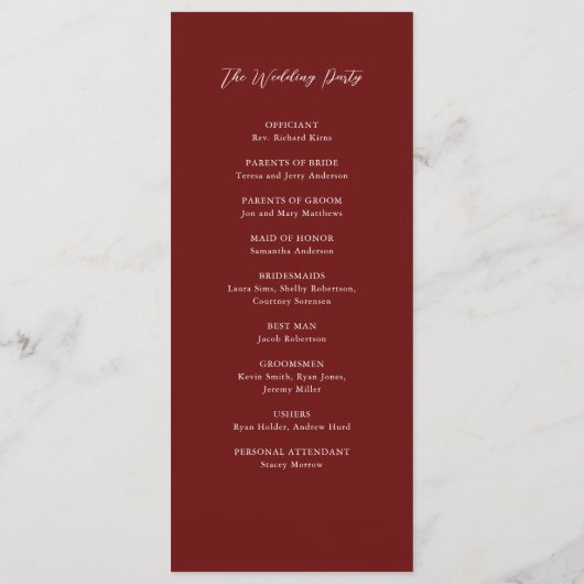 Simple Burgundy Elegant Script Wedding Ceremony Programma (Achterkant)