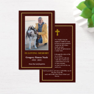 Simple Burgundy Red Gold Photo Funeral Card Visitekaartje