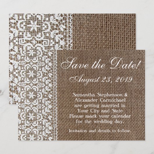 Simple Burlap et dentelle Save the Date (Devant / Derrière)