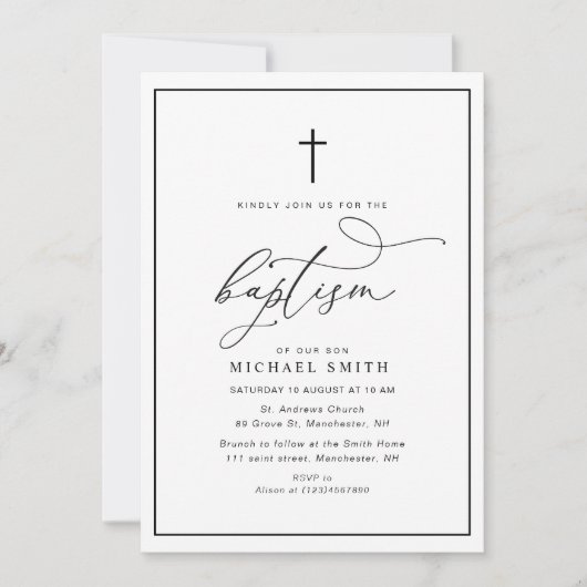 simple cadre noir et blanc invitation baptême (Devant)