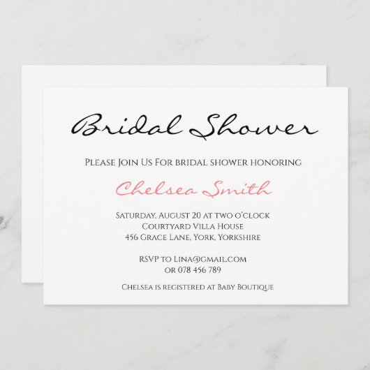 Simple calligraphie simple Invitation à la douche  (Devant / Derrière)