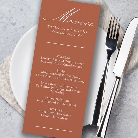 Simple Calligraphie Terracotta Menu Mariage