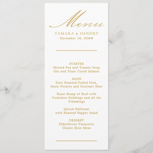 Simple Calligraphy Gold and White Wedding Menu (Devant)