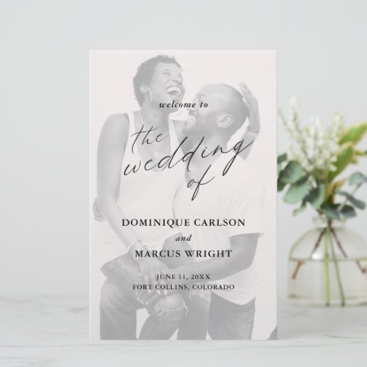 Simple Calligraphy Photo Wedding Program (Staand voorkant)