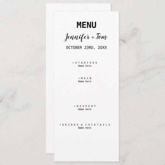 simple carte de menu mariage moderne minimale (Devant / Derrière)